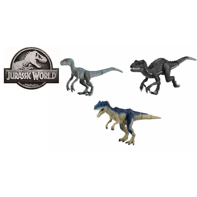 Jurassic World toy set with logo, Blue raptor, Indoraptor, and Baryonyx dinosaur figures.