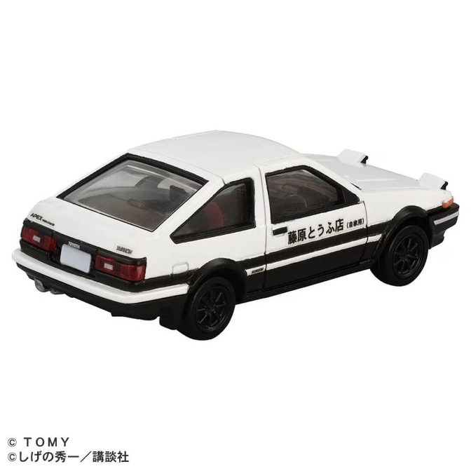  White Toyota AE86 diecast model car with black trim and Japanese text on the side.