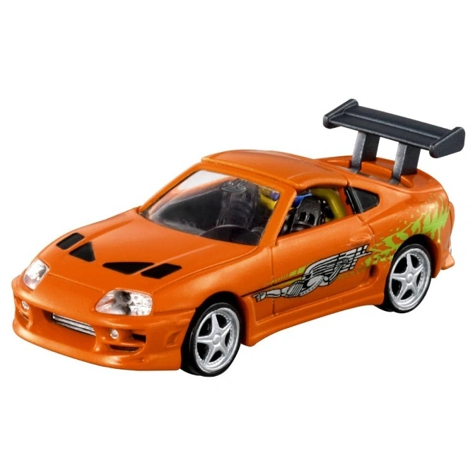 Orange toy Supra with black spoiler and side decals.