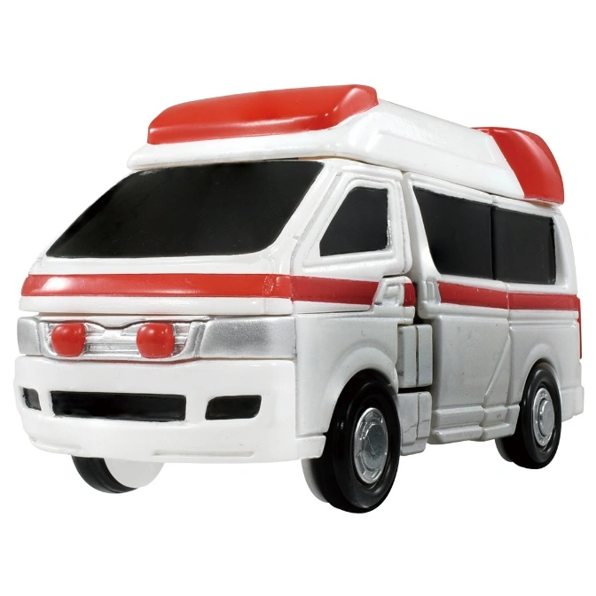  Toy ambulance with red and white color scheme, black windows, and visible wheels.