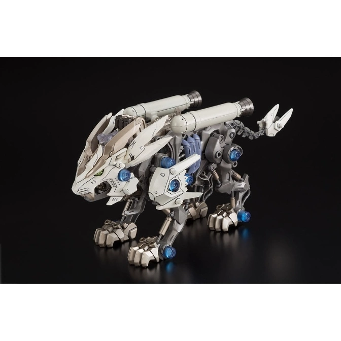 White robotic lion toy with missile launchers and blue glowing accents.