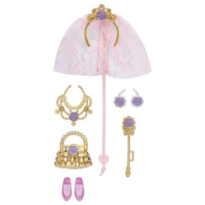  Doll accessories: crown, veil, necklace, earrings, purse, wand, and shoes.