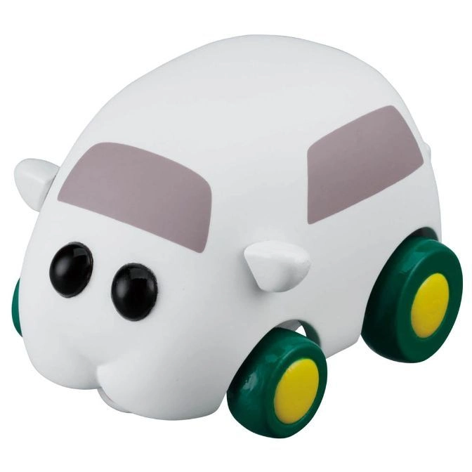 White toy car with green and yellow wheels, grey windows, and cartoonish eyes and ears.