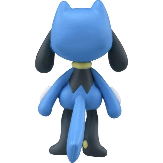  Blue Riolu toy figure from behind, showing its tail, ears, and black markings.