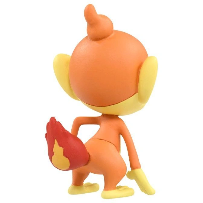  Chimchar toy figure, rear view. Orange body, yellow accents, and a flame on its tail.