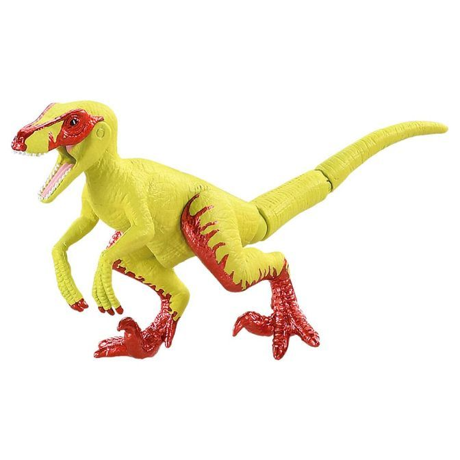  Yellow and red toy velociraptor with articulated tail and claws.