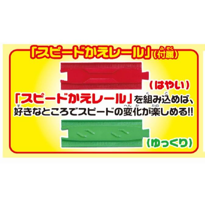  The image shows a product advertisement for "Speed Change Rails." The advertisement features two different colored rails, one red and one green. The red rail is labeled "(fast)" and the green rail is labeled "(slow)." The text in the advertisement states that if you incorporate the "Speed Change Rails," you can enjoy speed changes wherever you like.