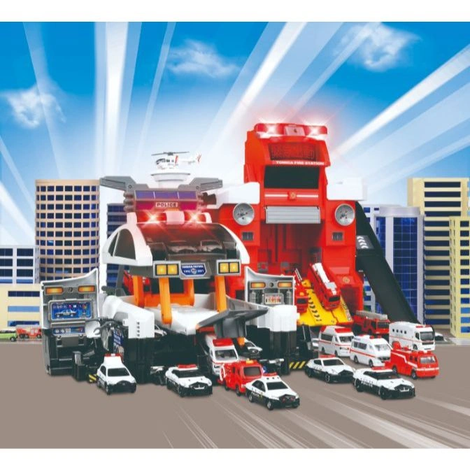  Tomica playset featuring a police station, fire station, and various emergency vehicles.