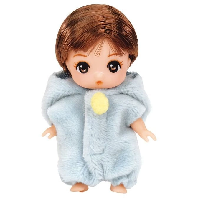  Doll with brown hair wearing a blue fuzzy outfit with a yellow button.