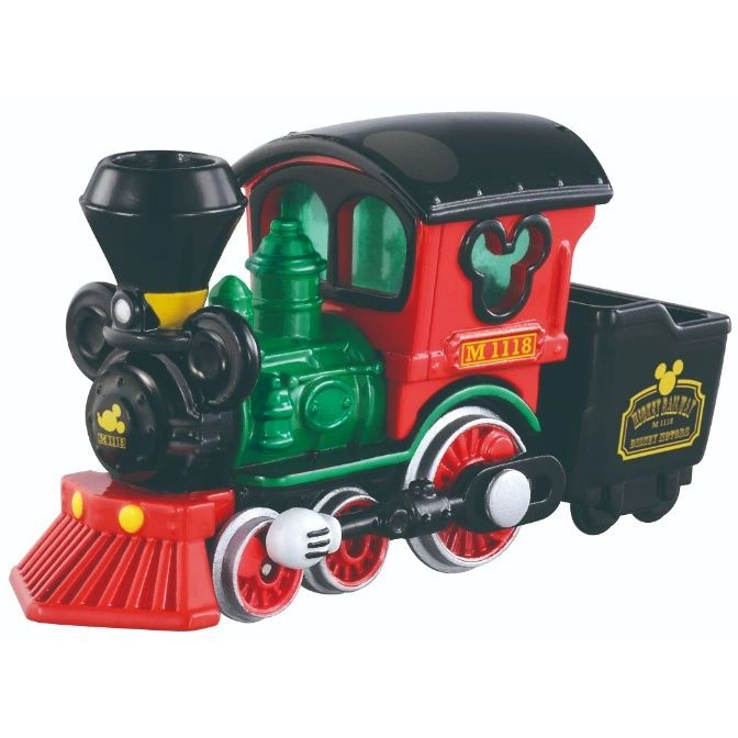 Mickey Mouse toy train with red, green, and black details.