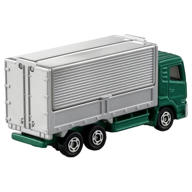  Green and silver toy truck with a corrugated cargo container.