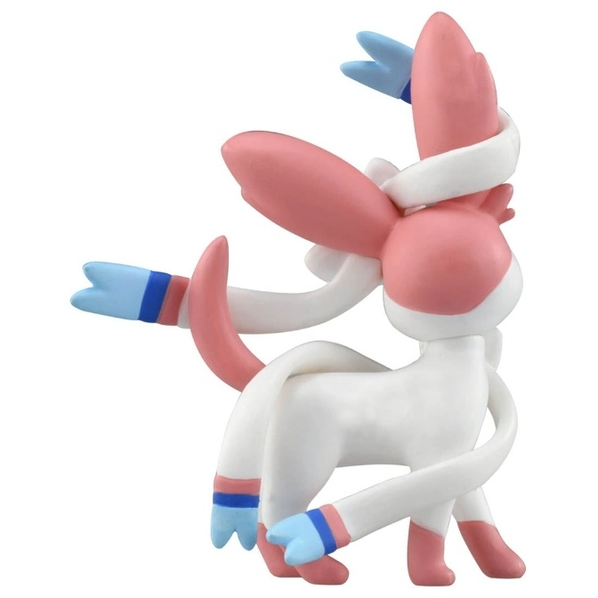  Sylveon figurine with pink and white body, ribbons, and blue accents.