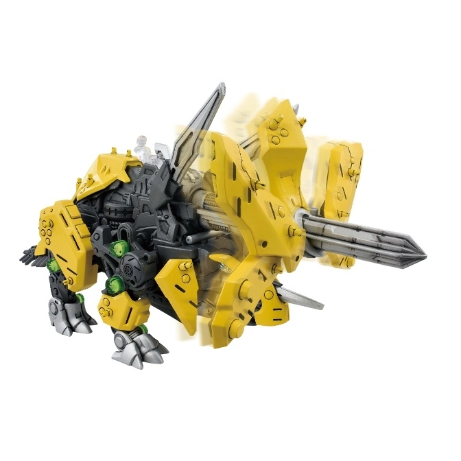  Yellow and gray Zoids toy with drill, posed with motion blur.