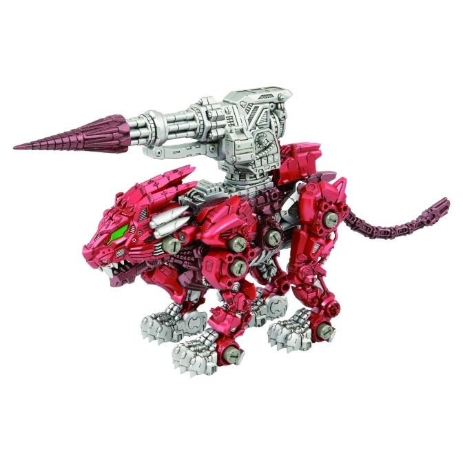  Red Zoid Liger toy with silver cannon. Detailed mechanical design.