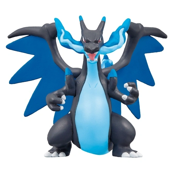 Charizard Mega Evolution X toy figure with blue wings and accents, posed with claws out.