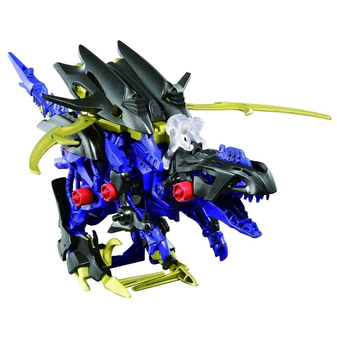  Blue and black dinosaur robot toy with gold accents and a clear figure on its head.