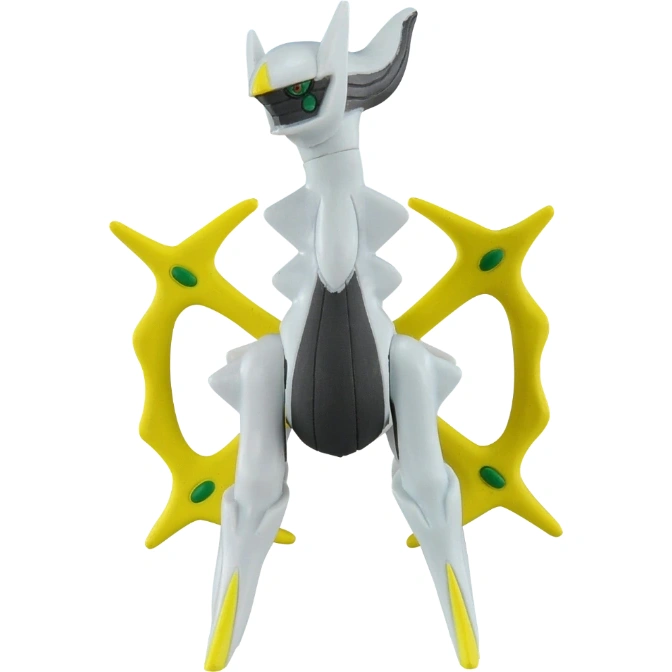  Arceus toy figure with yellow cross-shaped wheel and green gems.