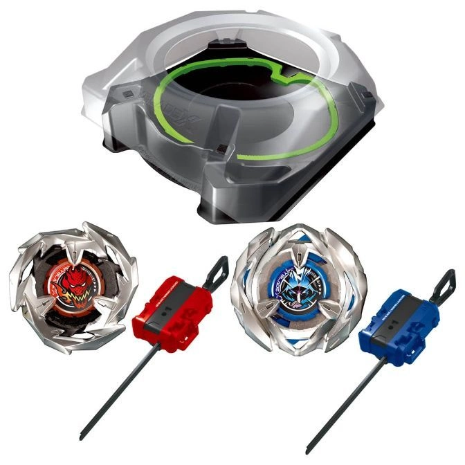 Beyblade set with two tops, launchers, and a stadium.