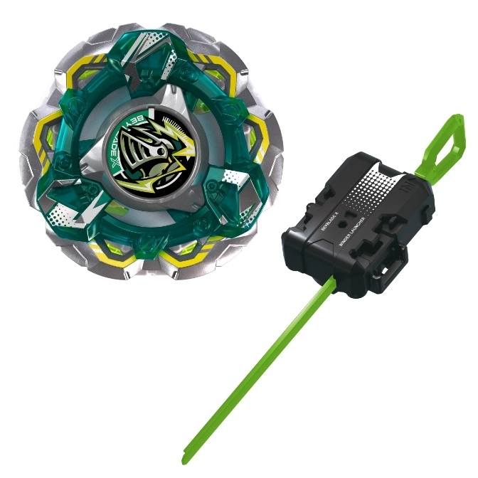 Green Beyblade X toy with launcher. Silver, green, and yellow design. Ready to launch.
