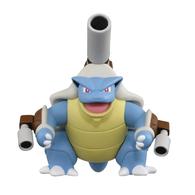 Blastoise toy with cannons, blue skin, and a yellow shell.