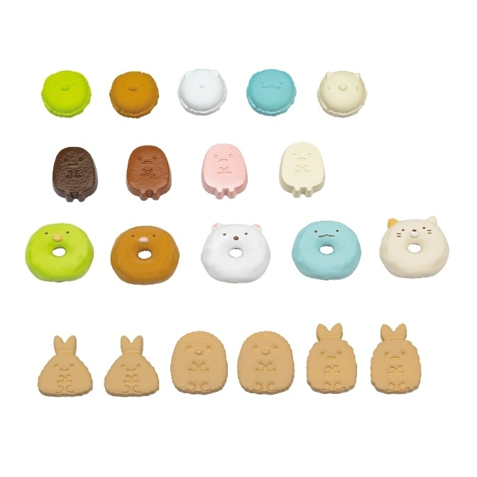  Sumikko Gurashi themed erasers: donuts, macarons, and character shapes in various colors.