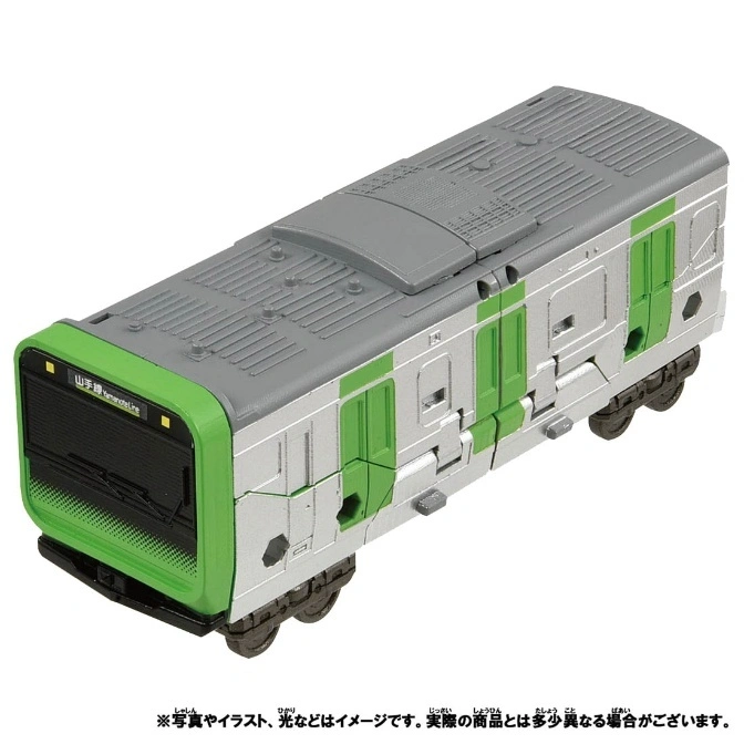  Toy train model, silver with green accents, gray roof, black front, wheels visible.