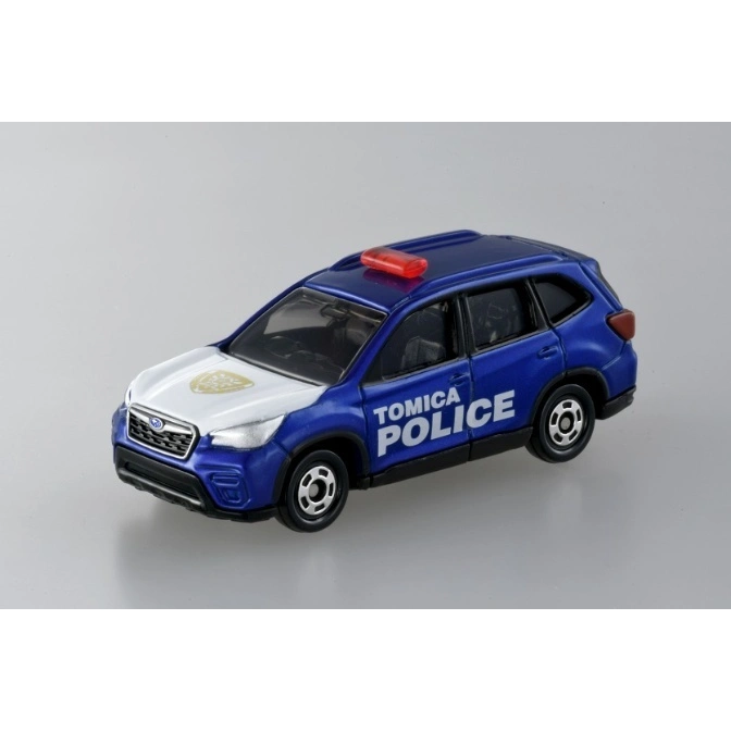  Blue and white Tomica police car toy with red light on top.