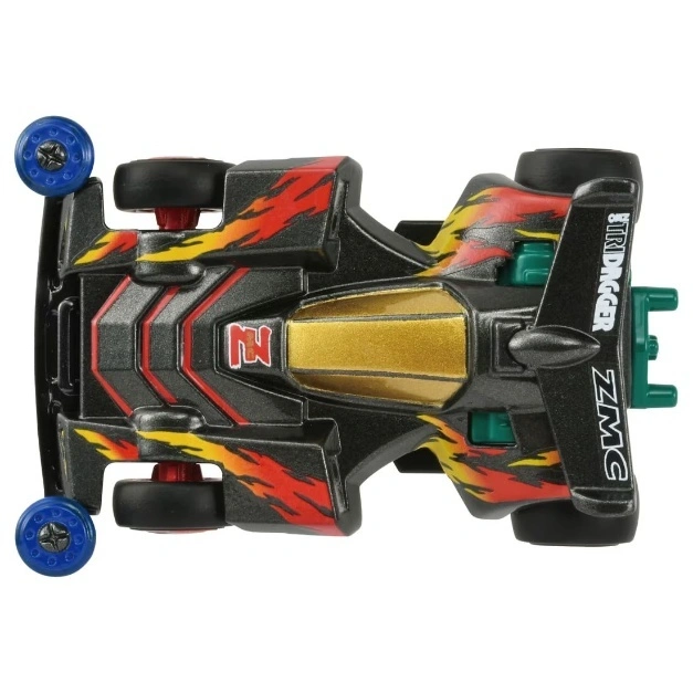  Black toy race car with red and yellow flame decals, gold cockpit, and blue wheels.