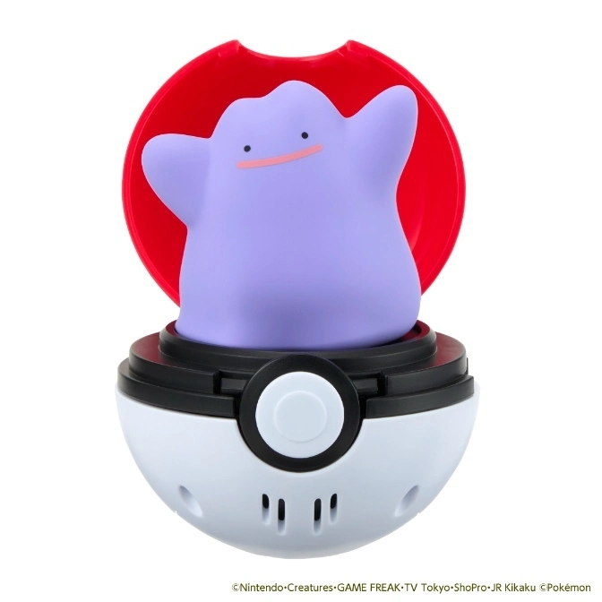 Ditto in a Poké Ball toy, the top is open revealing the red interior.