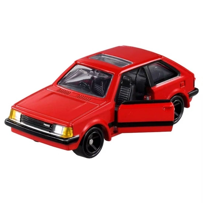  Red Mazda Familia toy car with an open door, showcasing the black interior and sunroof.