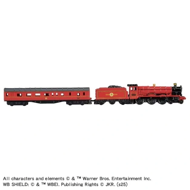  Toy Hogwarts Express train set with red engine and passenger car.