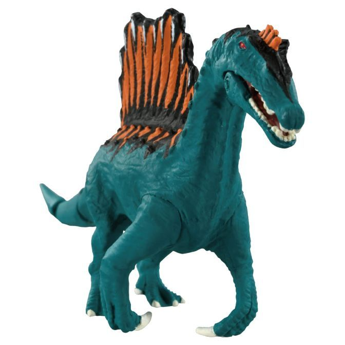  Blue Spinosaurus toy with orange sail and black accents, standing on a white surface.