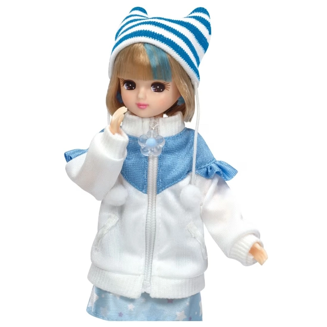  Doll with blue-striped hat, white jacket with blue accents, and bangs with a blue streak.