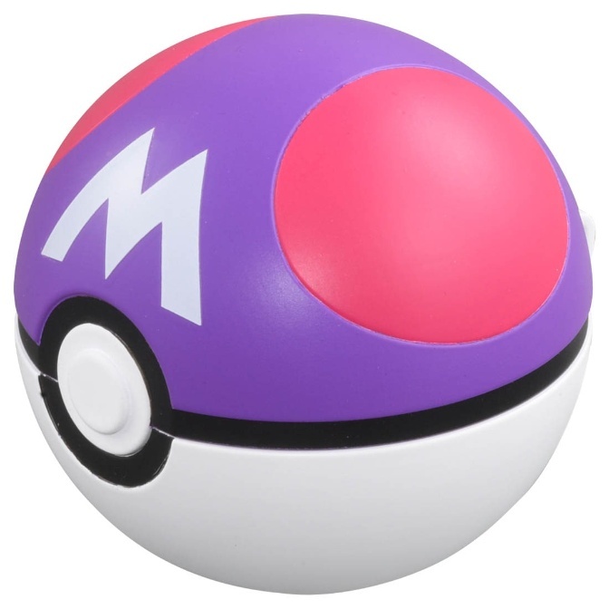 Master Ball toy with purple, pink, and white design, featuring a white 'M' on the purple section.