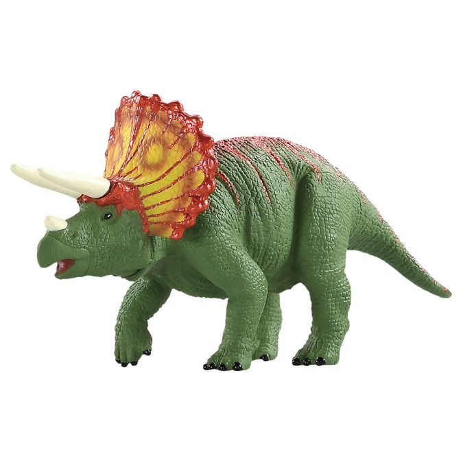  Green Triceratops toy with yellow and red frill, and white horns.