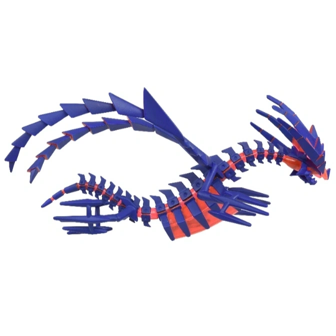  Blue and orange dragon toy with articulated body and wings.