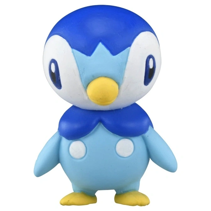  Piplup toy figure with blue head and body, yellow beak and feet, and white belly spots.