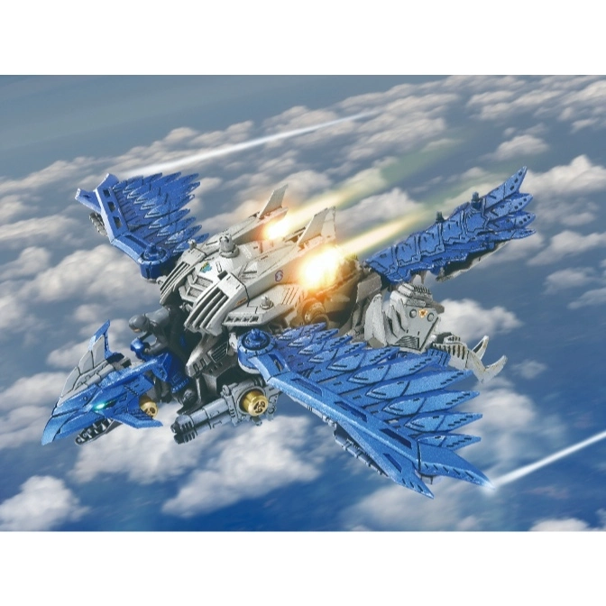  Blue mechanical phoenix toy with wings spread, engines firing, flying in a cloudy sky.