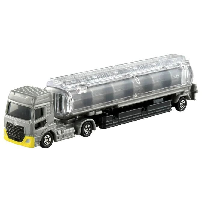 Silver toy tanker truck with a clear tank and yellow bumper.