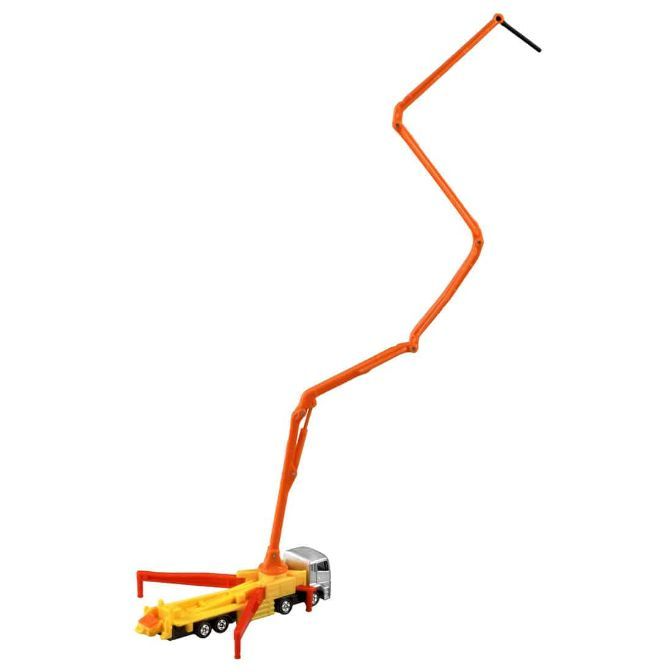 Toy concrete pump truck with orange boom extended high.