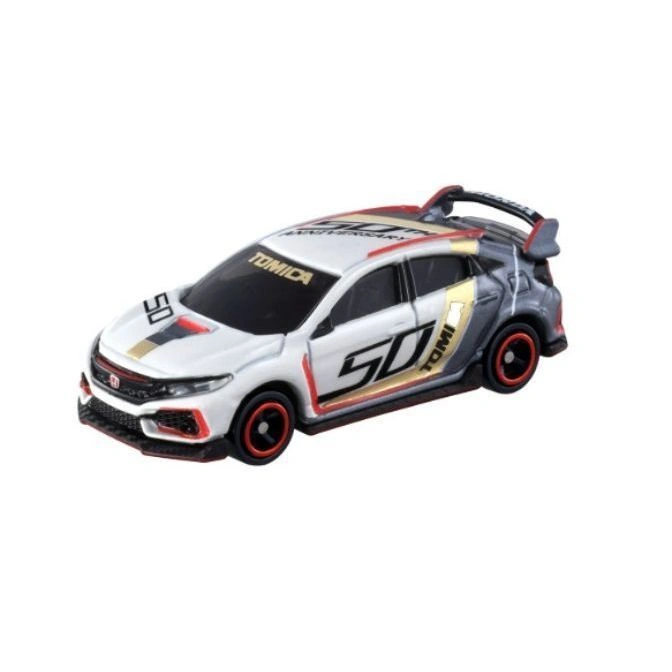 Tomica 50th Anniversary Honda Civic Type R toy car with white and grey livery.