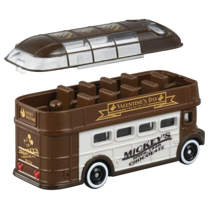 Disney Motors chocolate bus toy with removable roof, Valentine's Day theme, and Mickey Mouse branding.
