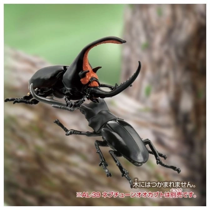  Two toy beetles, one a stag beetle and the other a rhinoceros beetle, on a branch.