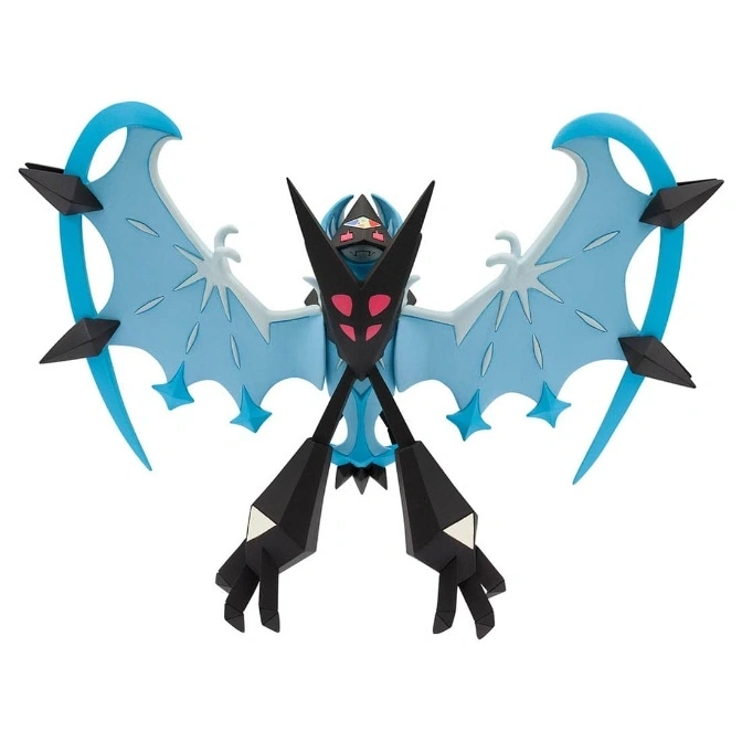  Pokémon Ultra Necrozma toy with blue wings and black spikes, posed with crossed arms.