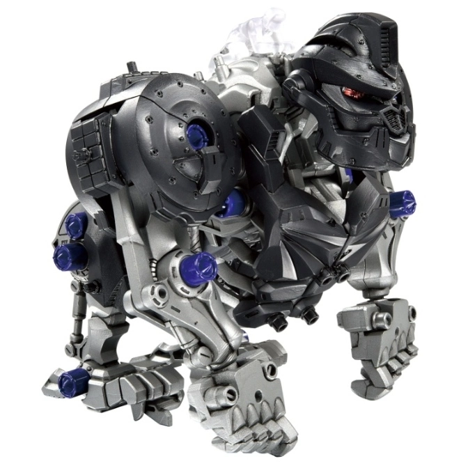 Mechanized gorilla toy with black and silver armor, featuring blue accents and intricate mechanical details.