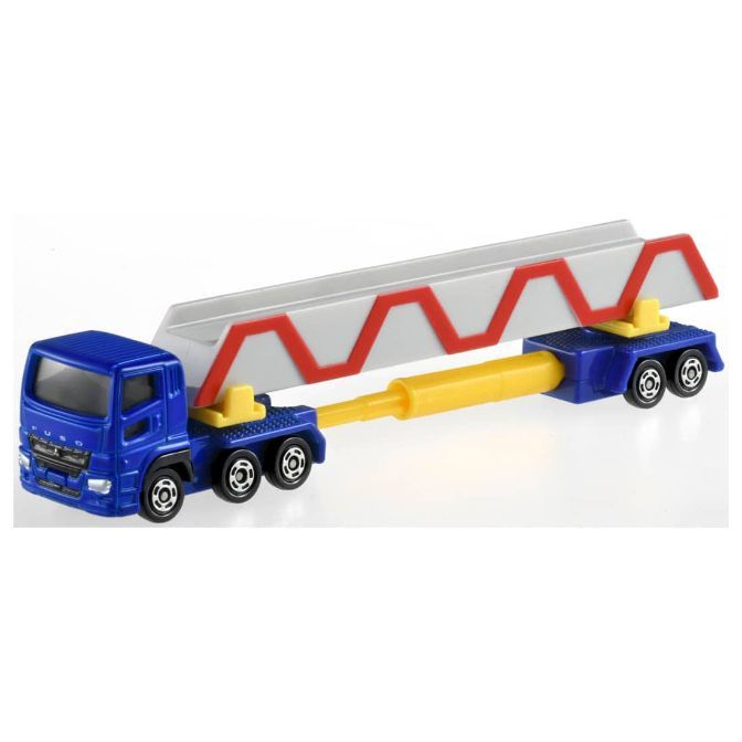  Blue toy truck carrying a white and red bridge section on a yellow extension.