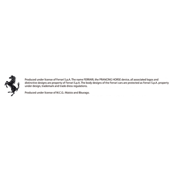  Ferrari licensing and trademark information with the prancing horse logo.