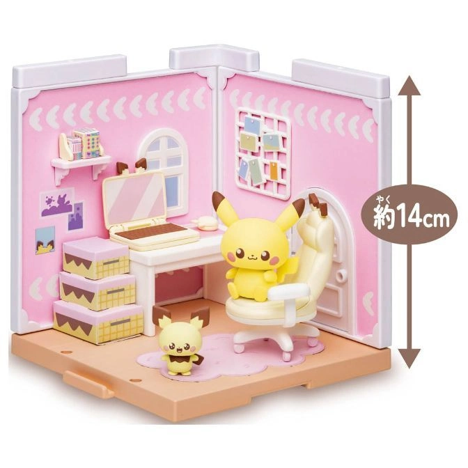  Pikachu playset with figures, desk, chair, and pink room interior.