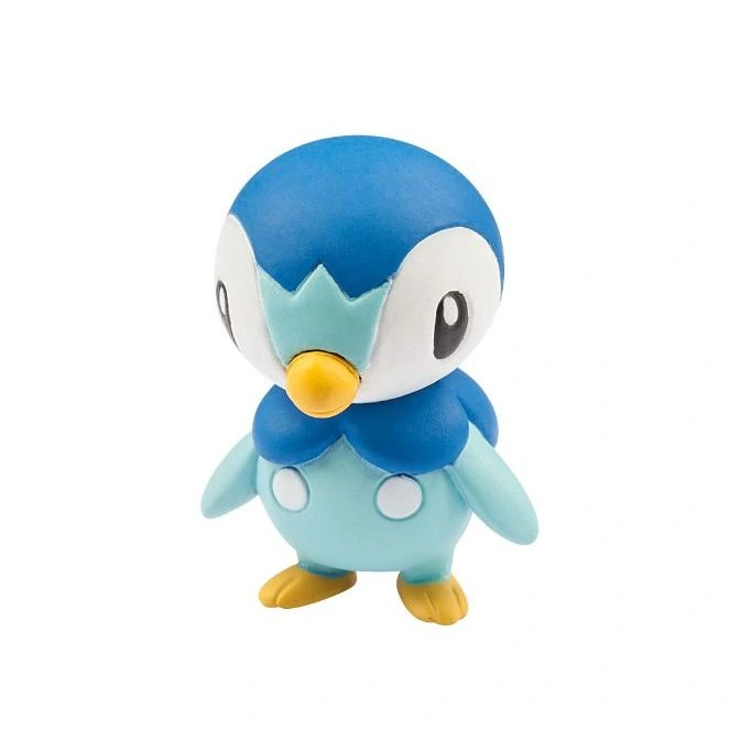 Piplup toy figure with blue head, light blue body, yellow beak and feet.