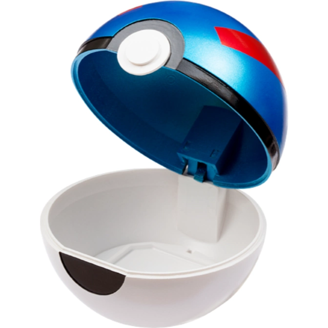  Open blue and white Poké Ball toy with red stripe and white button.
